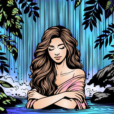 realistic female model under waterfall