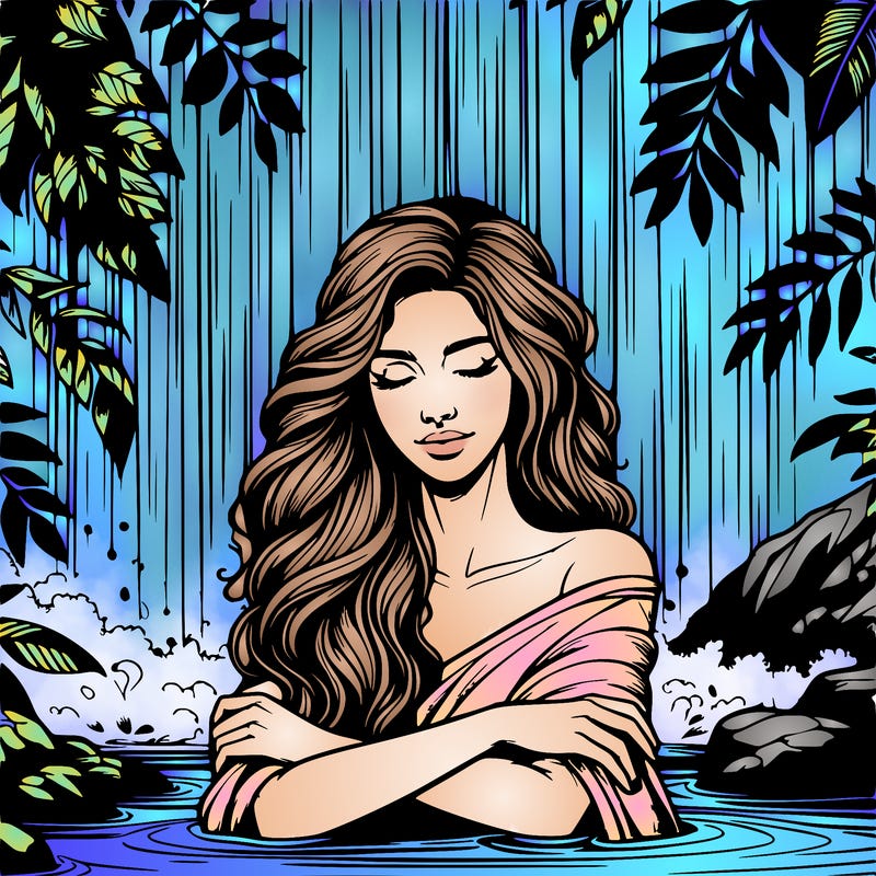 realistic female model under waterfall