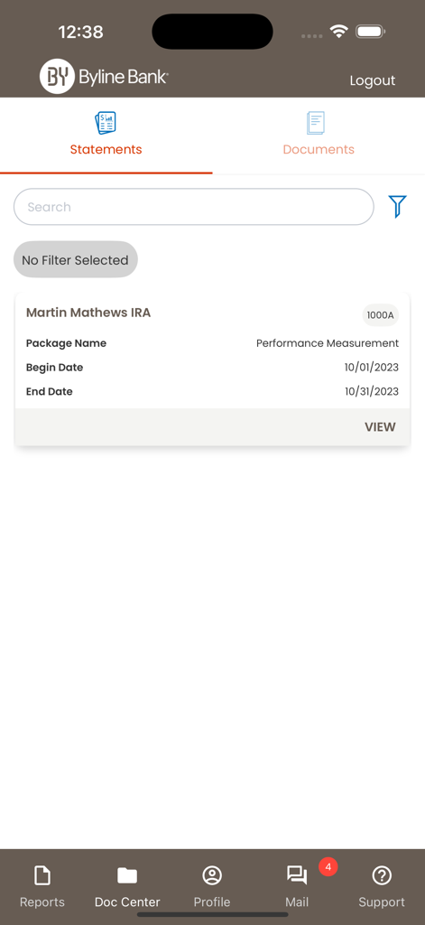 Byline Bank Wealth Mobile - Byline Bank Wealth Mobile app interface displaying a list of electronic statements for an IRA account.