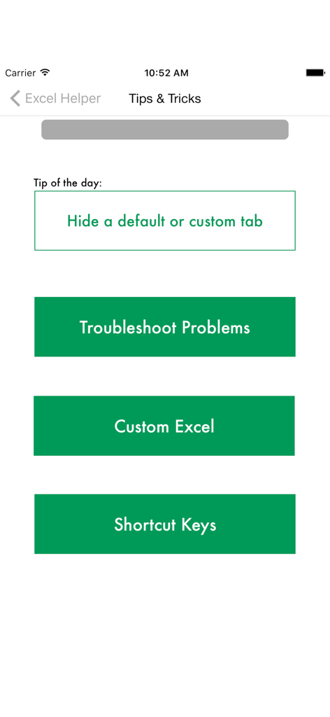 Tips, Tricks, Guide for excel - Interface of Excel guide app with buttons for Troubleshooting Problems, Custom Excel, and Shortcut Keys.
