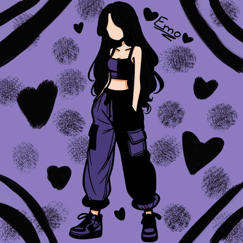 girl in baggy pants crop top and long hair