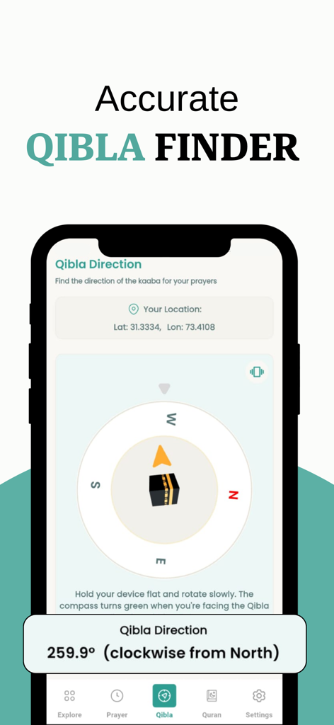 Muslim Guidance - Quran Majeed - Accurate Qibla finder feature in the Muslim Guidance app showing a digital compass for prayer direction