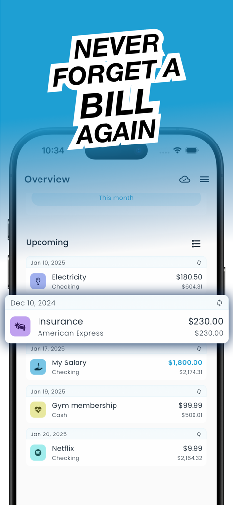 NEKO: Budget & Bill Organizer - NEKO app overview screen displaying upcoming bills and income list