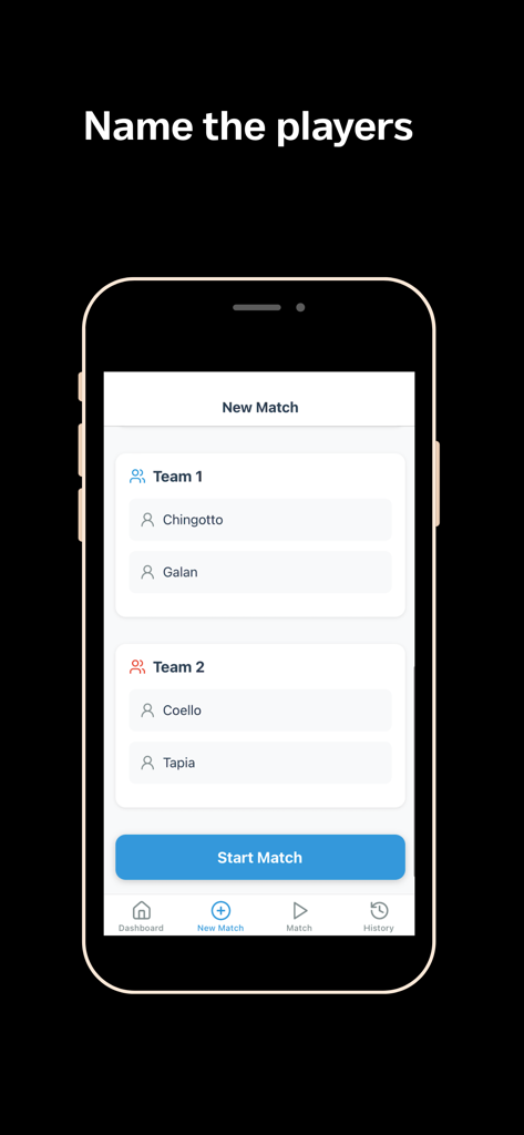Padel Stats Proアプリの新規試合画面、試合開始前にチーム1とチーム2のプレイヤー名を入力できる