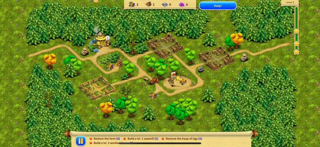 Gnomes Garden 1 - Vista cenital del juego Gnomes Garden 1 que muestra la gestión de recursos, la construcción de edificios y personajes gnomos en un mapa forestal.