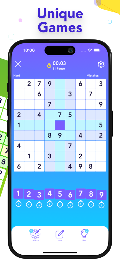 Mobile screen showing a Sudoku logic puzzle with a minimalist blue interface