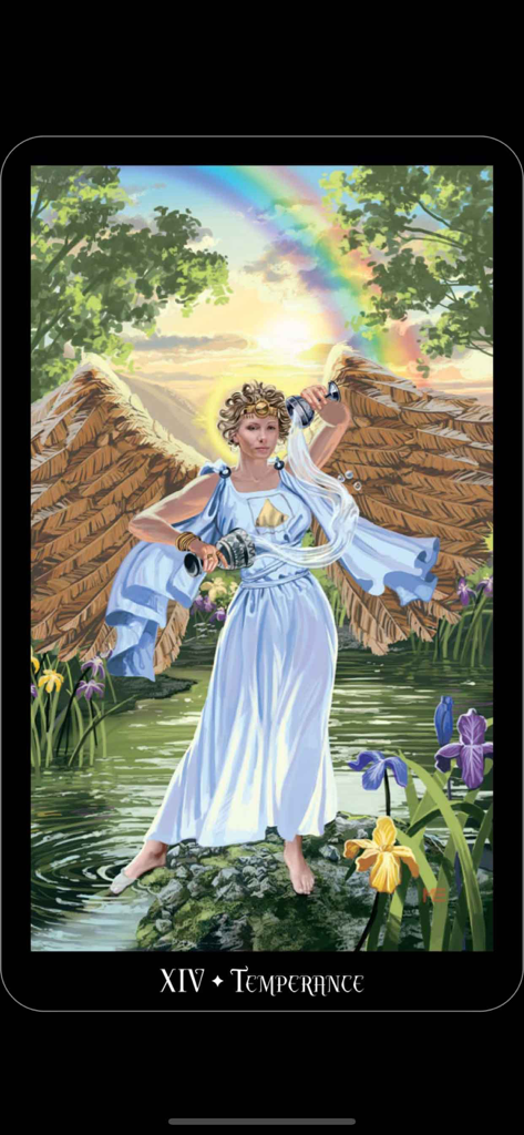 Witches Tarot - Digital depiction of the Temperance card from the Witches Tarot app showing an angel pouring liquid between two cups under a rainbow