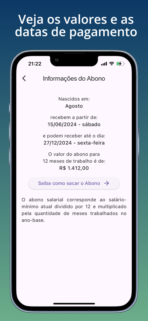 Interface showing PIS PASEP payment dates and allowance values.