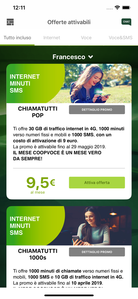 Interfaz de la app móvil CoopVoce mostrando los planes de voz y datos disponibles