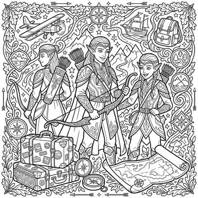 Embark on an epic coloring adventure with our Elven Archers on Vacation page. Featuring brave elves amidst travel gear and natural wonders, it's perfect for fantasy lovers.