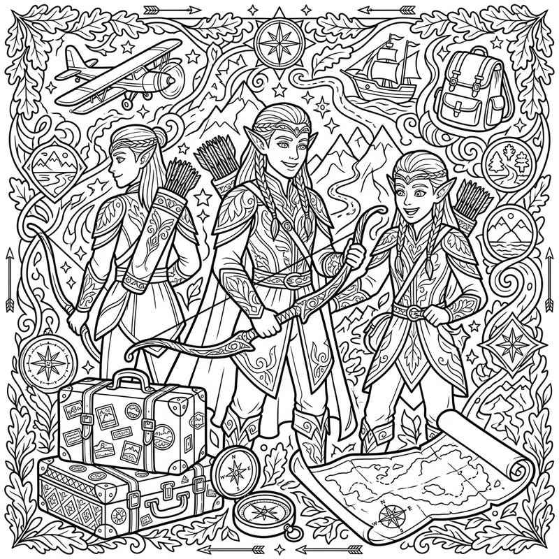 Embark on an epic coloring adventure with our Elven Archers on Vacation page. Featuring brave elves amidst travel gear and natural wonders, it's perfect for fantasy lovers.