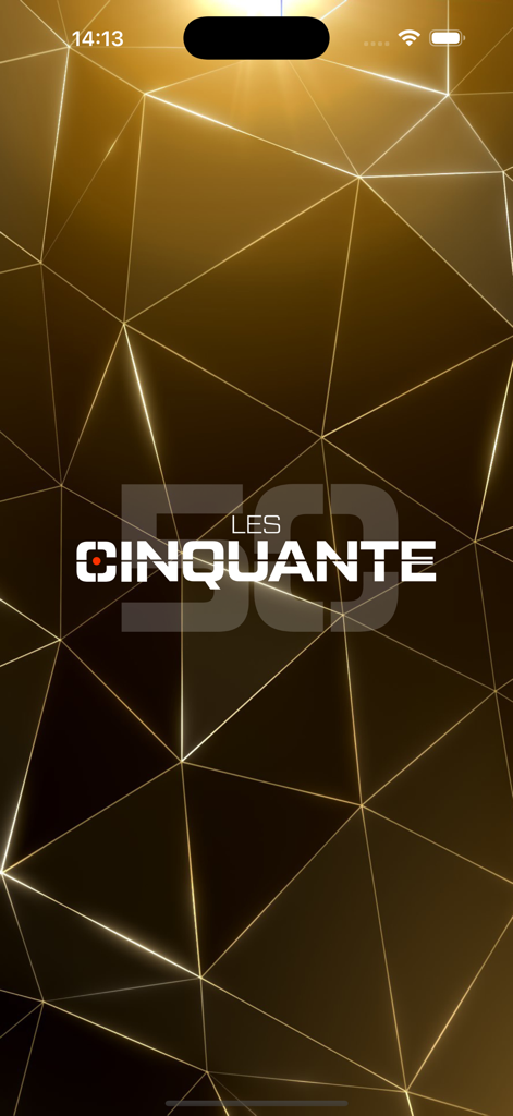 Les cinquante - Logo de la aplicación del reality show Les Cinquante sobre un fondo geométrico dorado