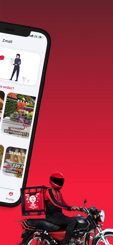 A ZMall delivery rider on a motorbike next to a smartphone displaying the app interface.