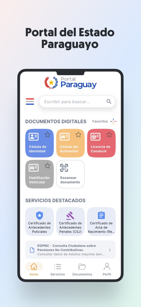 Main interface of the PortalParaguay app showcasing digital identity documents and official certificates