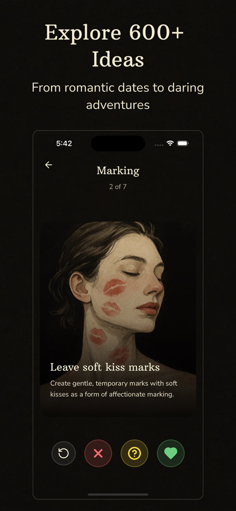 BeMoreKinky: For Kinky Couples - BeMoreKinky app interface showing a soft kiss marks activity idea for couples