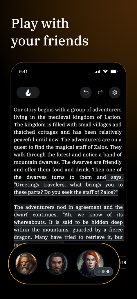 하단에 멀티플레이어 캐릭터 아바타가 있는 텍스트 기반 RPG 게임플레이를 보여주는 AI 던전 앱 화면