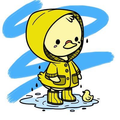 baby duck in a rain coat and boots, in a puddle while it’s raining