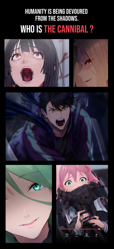 Dramatic anime style character panels from the Paranoize cinematic comic featuring a mystery about a cannibal.