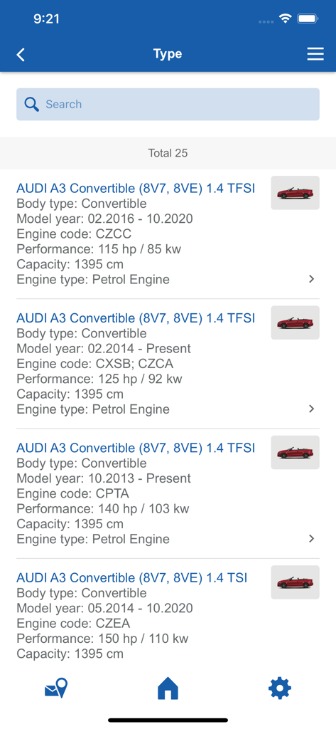 ATE Catalogue - Liste der Audi A3 Fahrzeugtypen mit technischen Daten, einschließlich Motorcode und Leistung, im ATE Katalog-App