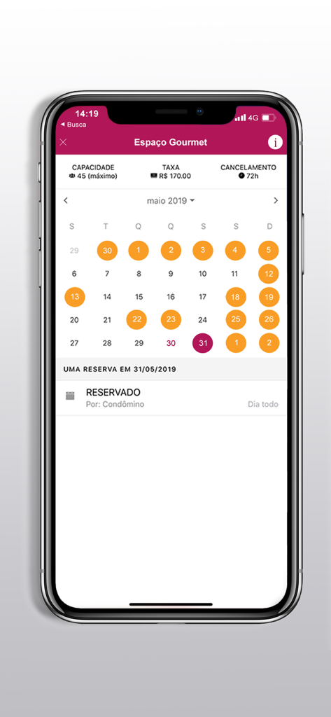 Winker mobile app interface showing a calendar for booking a gourmet space with capacity and fee details.