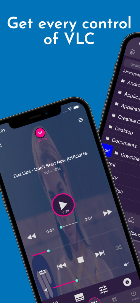 Remote for VLC, PC & Mac - Interface of VLC Remote app showing media playback controls and a computer file browser on iPhones.