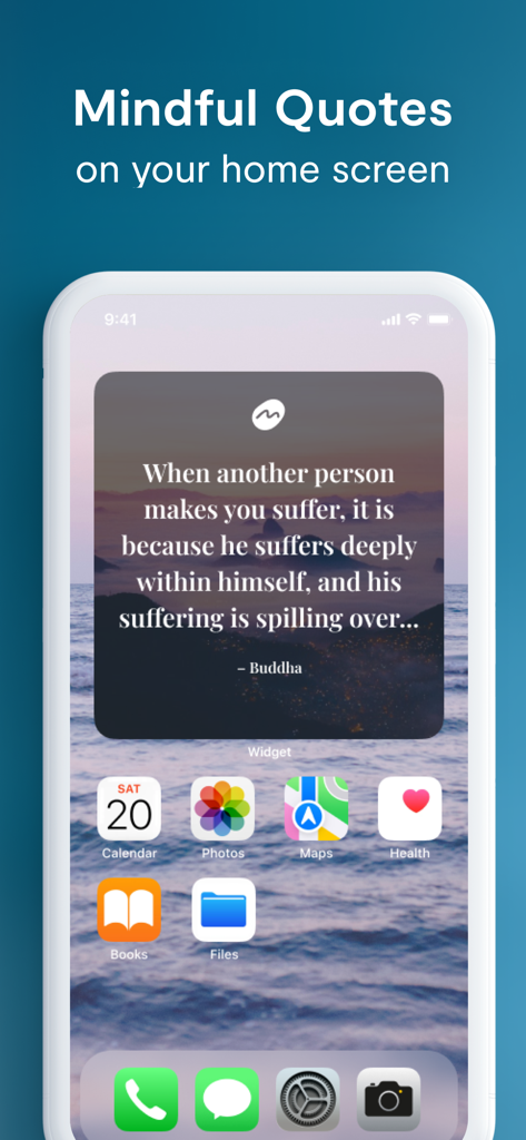 Una pantalla de inicio de teléfono inteligente que muestra un widget de mindfulness con una cita inspiradora sobre la compasión de Buda