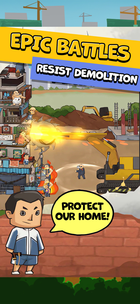 Uma cena de desenho animado do jogo mostrando Wang defendendo sua casa de um grande escavador de demolição