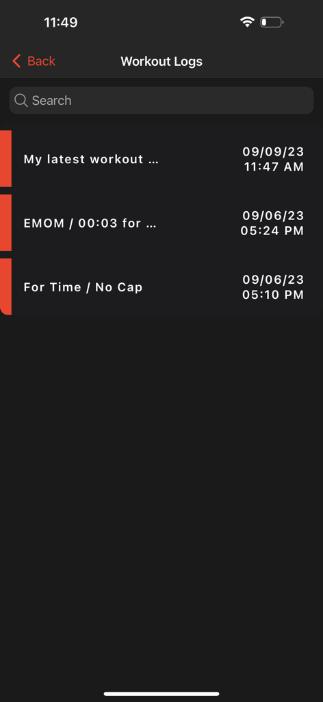 TimerWOD - Workout Timer - A screen in the TimerWOD app displaying a history of completed workout logs with dates and session types