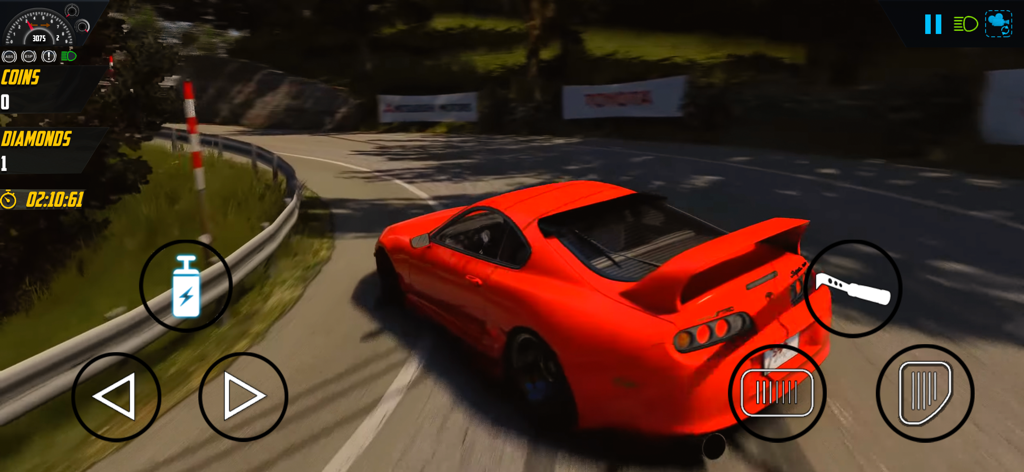 Drift Game : Driving Simulator - 빨간색 스포츠카가 Drift Ride Ultimate Racer에서 산길을 드리프트하는 모습, 화면에 컨트롤이 표시됨.