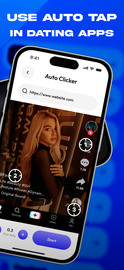 Auto Clicker・Click Assistant - Interface of Auto Clicker app illustrating automated tapping on social media and dating apps.