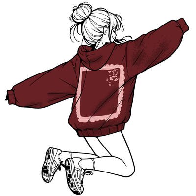realistic girl jumping with a bun and oversized sweatshirt