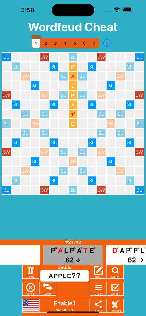 WordFeud Cheat & Helper - Screenshot of Wordfeud Cheat app showing a word game board with high scoring word suggestions