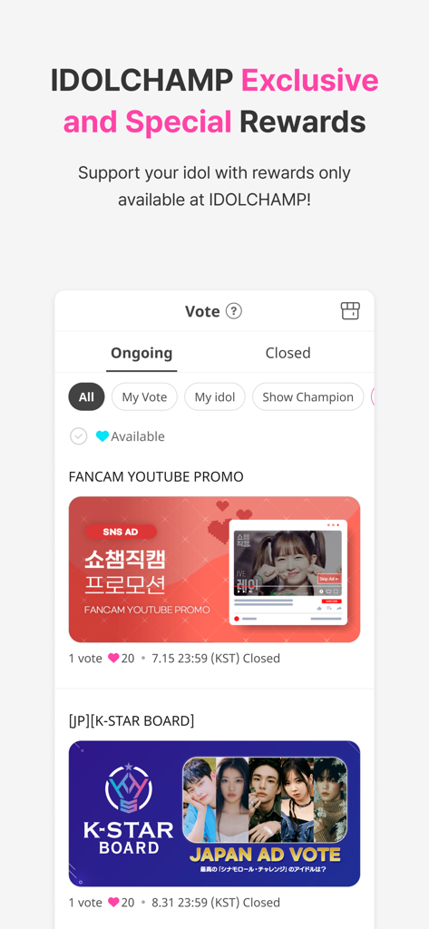 IDOLCHAMP app screen showing ongoing fan votes for YouTube promotions and Japanese billboard advertisements for K-pop idols