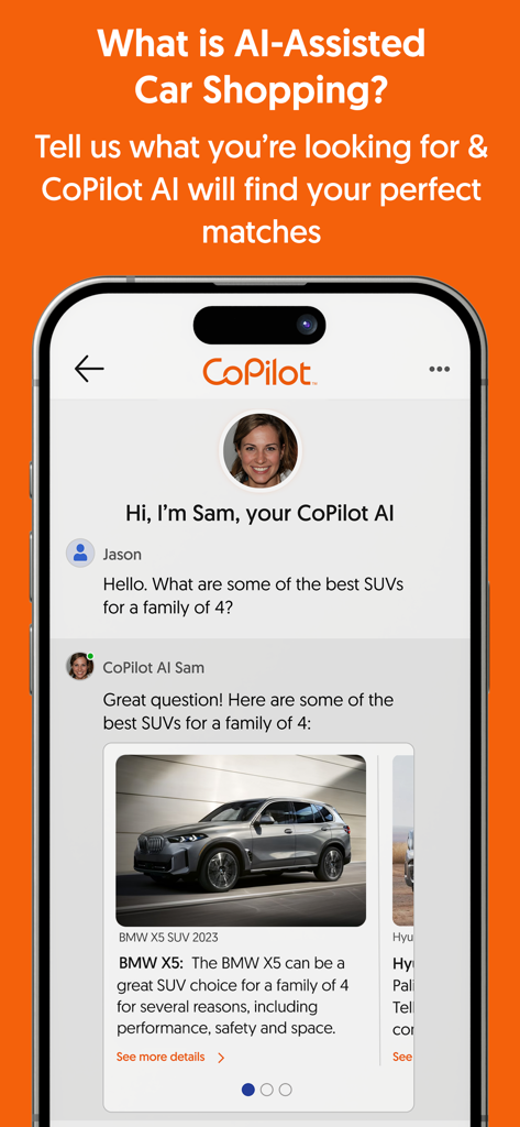 Smartphone screen displaying CoPilot AI agent recommending SUVs for a family in a chat interface