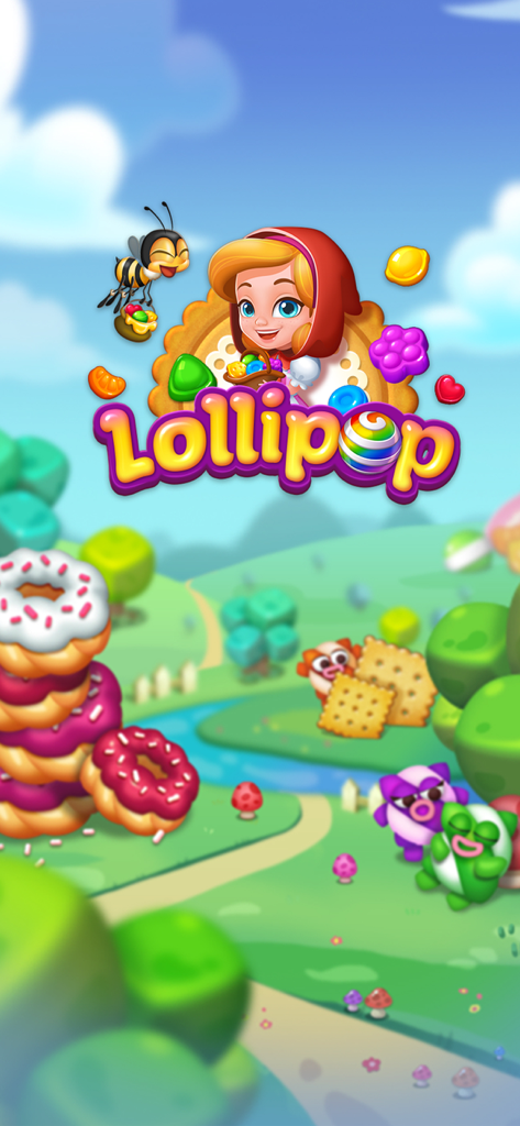 Lollipop: Sweet Taste Match3 - Lollipop Sweet Taste Match3 mobile game splash screen featuring a cartoon girl in a colorful candy-themed world with donuts and sweets