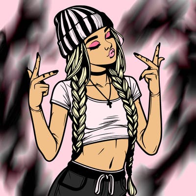 realistic teenage girl with braids and a beanie and crop top doing 🫶🏼