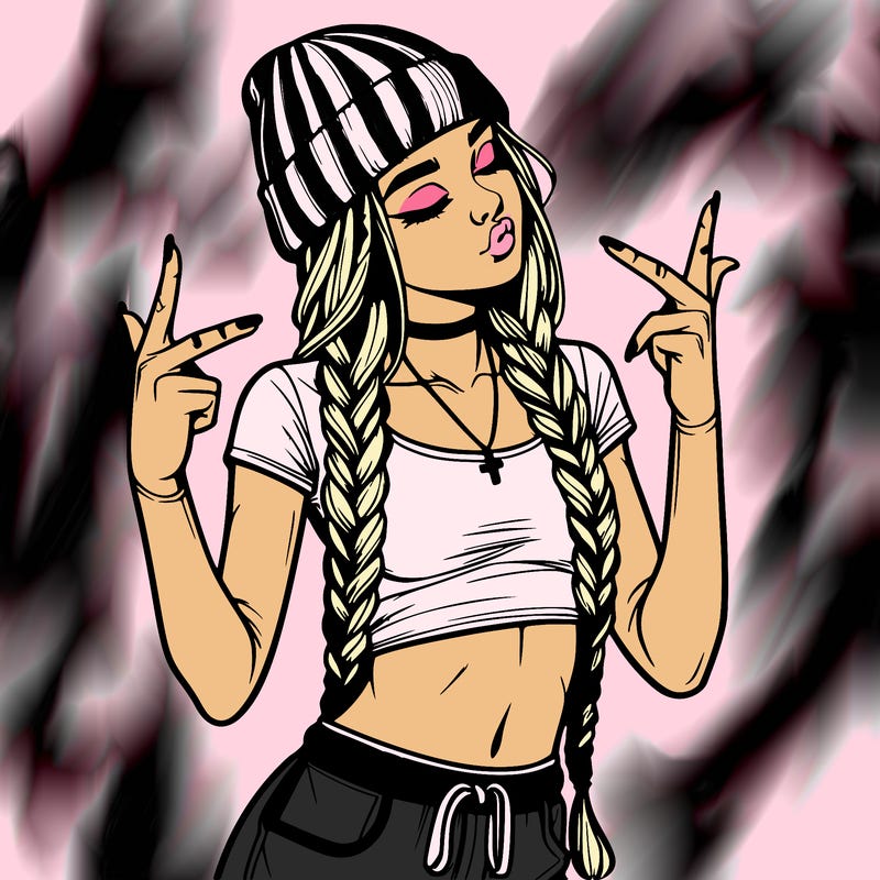 realistic teenage girl with braids and a beanie and crop top doing 🫶🏼