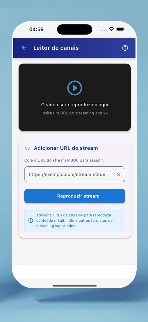 Futebol Max app channel player screen for adding M3U8 stream URLs