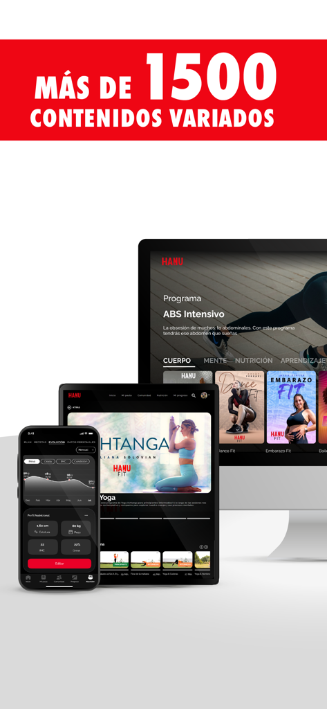 HANU Fit - Hanu Fit fitness and wellness app interface displayed on iPhone, iPad, and desktop showing varied Spanish training content.