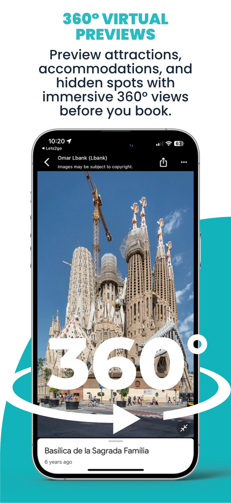 Lets2Go: AI Trip Planner - A smartphone showing a 360-degree virtual preview of the Sagrada Familia on the Lets2Go app