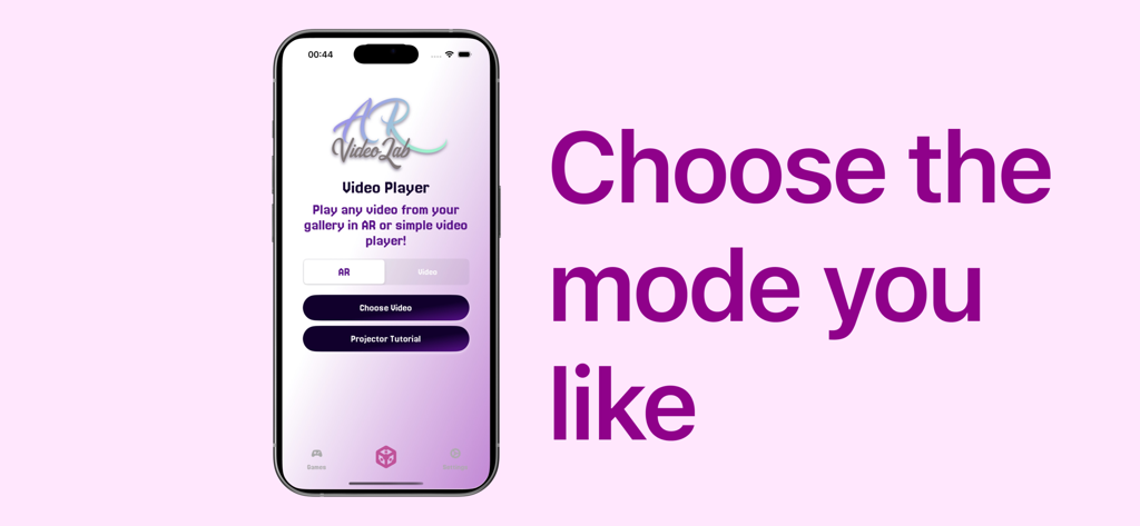 AR VideoLab - Pantalla del smartphone AR VideoLab mostrando opciones para elegir entre los modos AR y reproductor de video