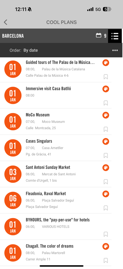 CityMe AI - A list of curated local activities and cultural events in Barcelona displayed on the CityMe AI mobile app interface