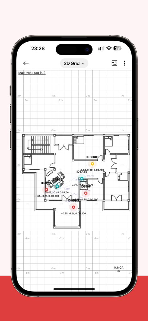 LEAPS Manager 2D-Rasteransicht, die die Echtzeit-Standortverfolgung von UWB-Geräten auf einem Gebäude-Grundriss zeigt.
