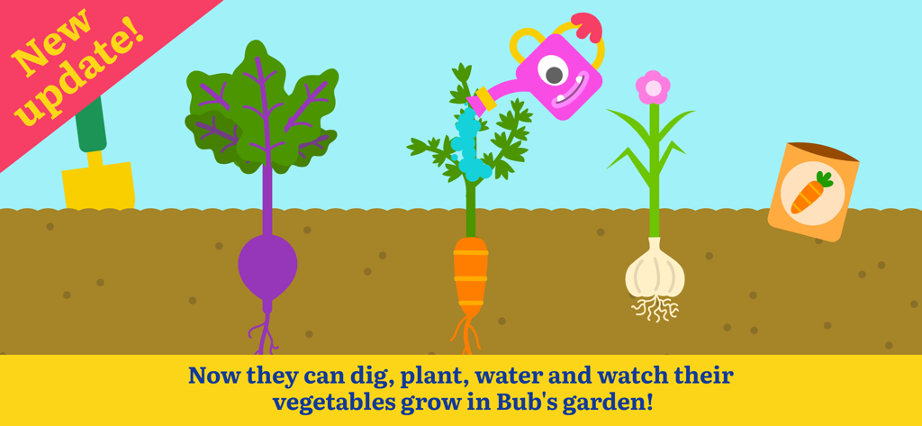 Teach Your Monster Eating - A monster watering can watering a carrot in an interactive garden game with beetroot and garlic