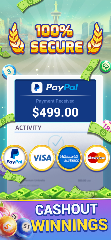 Pantalla de retiro seguro mostrando un pago de PayPal de 499 dólares y logotipos de tarjetas de crédito admitidas