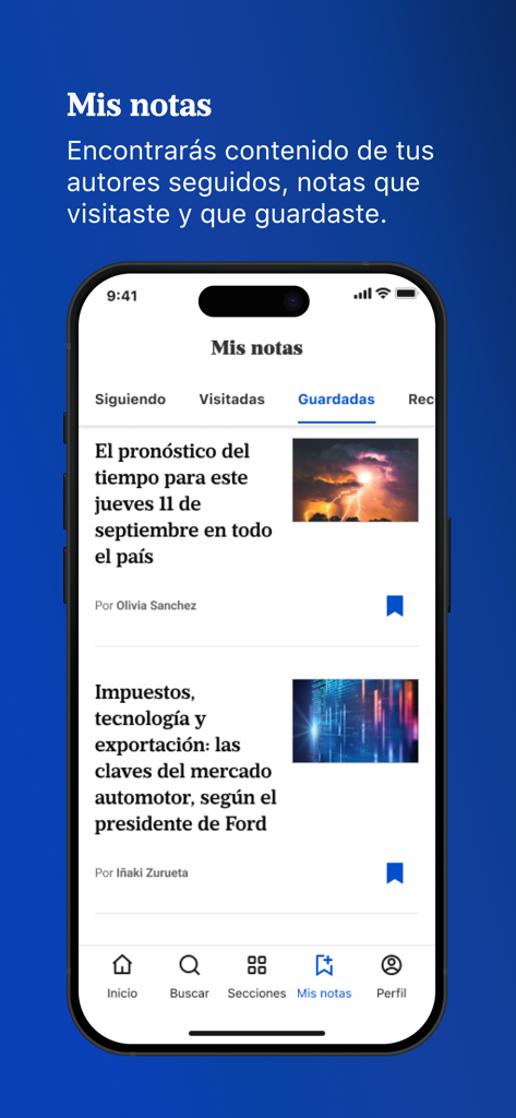 LA NACION - Interfaz de la aplicación de noticias de LA NACION mostrando artículos guardados en la sección Mis notas.