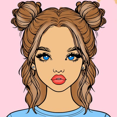 realistic girl with two buns in hair and lips