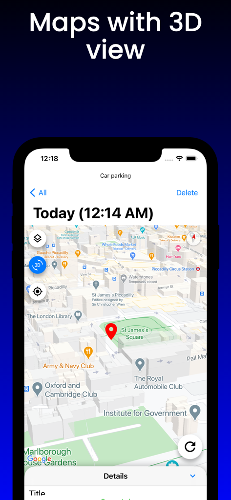 Screenshot of Tracker 8 app displaying a 3D map with location pins and navigation details