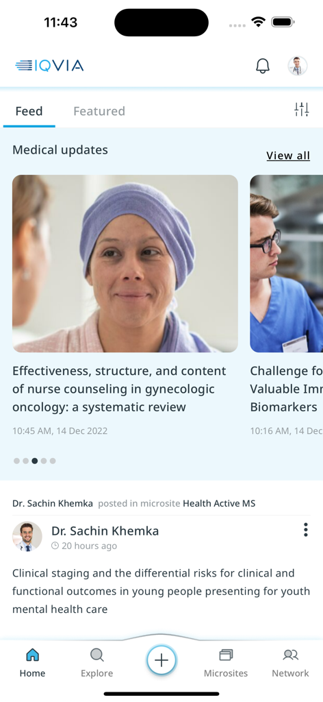 HCP Space - Pantalla de inicio de la aplicación IQVIA HCP Space mostrando actualizaciones médicas y publicaciones de redes profesionales médicas.