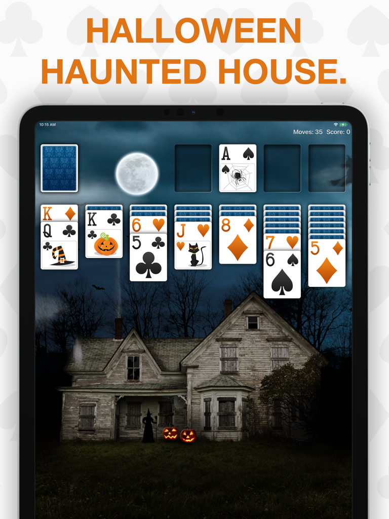 Real Solitaire for iPad - Solitaire Real para iPad mostrando um jogo com tema de Halloween com um fundo de casa mal-assombrada e ícones de cartas assustadores.